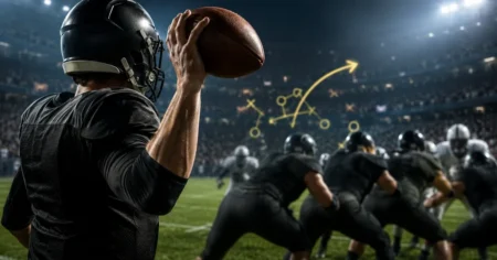 Quarterback: O Que Faz a Posição Mais Importante Quarterback de futebol americano com o braço armado para lançar a bola oval, com a linha ofensiva à frente e diagrama de jogada ao fundo