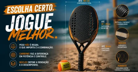 Raquete de Beach Tennis: Como Escolher Peso e Carbono Raquete de beach tennis fincada na areia com as cotas oficiais da ITF: 50 cm de comprimento, superfície de batida de 30 por 26 cm e 38 mm de espessura