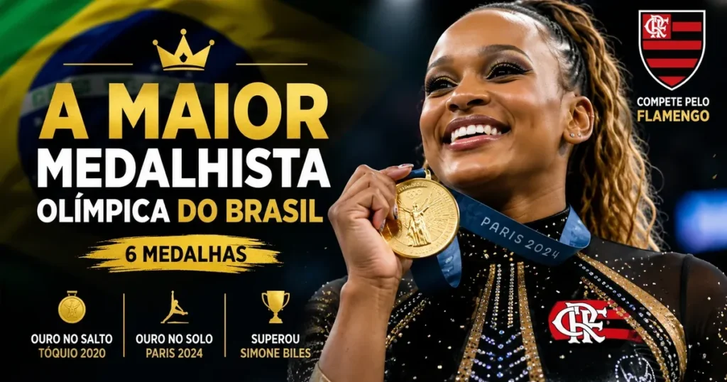 Rebeca Andrade: Biografia, Medalhas e Recordes Rebeca Andrade, a maior medalhista olímpica do Brasil com 6 medalhas: ouro no salto em Tóquio 2020 e ouro no solo em Paris 2024, competindo pelo Flamengo