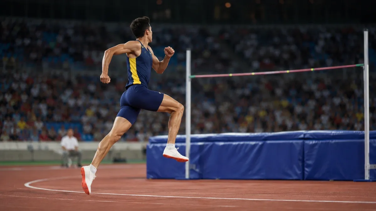 Saltador de altura na corrida de aproximação em curva antes da chamada, com sarrafo e colchão ao fundo