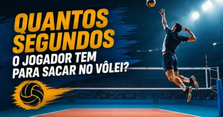 Atleta de vôlei em suspensão executando o saque atrás da linha de fundo, com a rede em primeiro plano