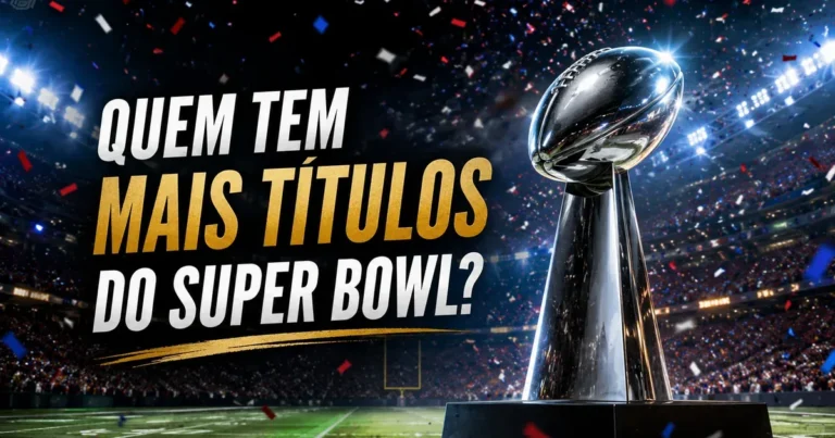 Troféu prateado em forma de bola de futebol americano sobre pedestal em estádio lotado com confete, representando a final da NFL