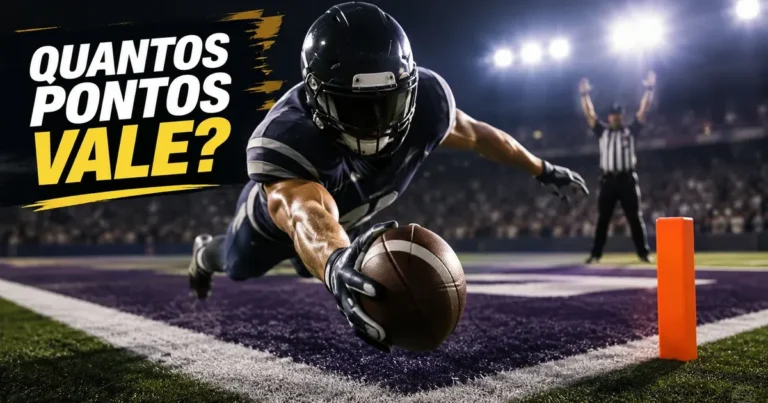 Jogador de futebol americano mergulhando com a bola oval esticada à frente para cruzar a linha de gol na end zone