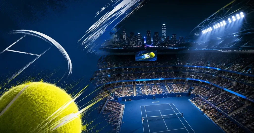 US Open: o Último Grand Slam do Ano no Tênis Quadra dura azul do US Open iluminada em sessão noturna no Arthur Ashe Stadium, em Flushing Meadows, Nova York, com bola de tênis amarela em destaque
