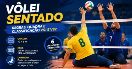 Vôlei Sentado: Regras, Quadra e Classificação VS1 e VS2 Partida de vôlei sentado com atleta brasileiro atacando e dois adversários bloqueando junto à rede baixa
